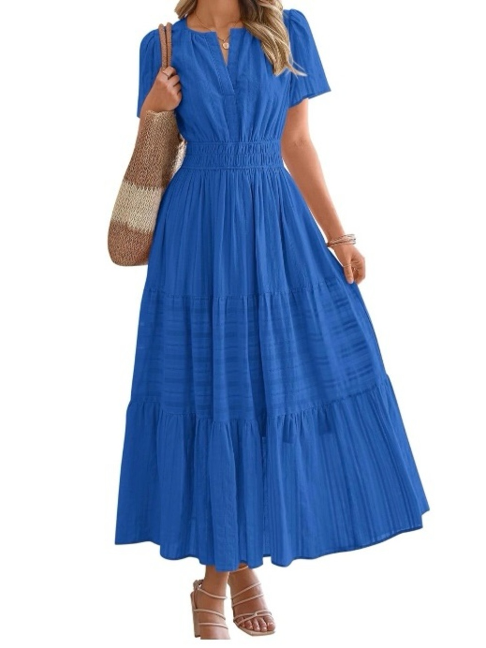 NWOT Women's Blue Short Sleeve Smocked Waist Lined Tiered Maxi Dress Size M